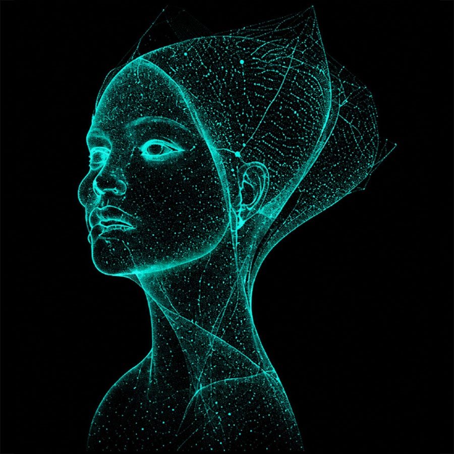 Wireframe portrait visualising personal breathing analysis.