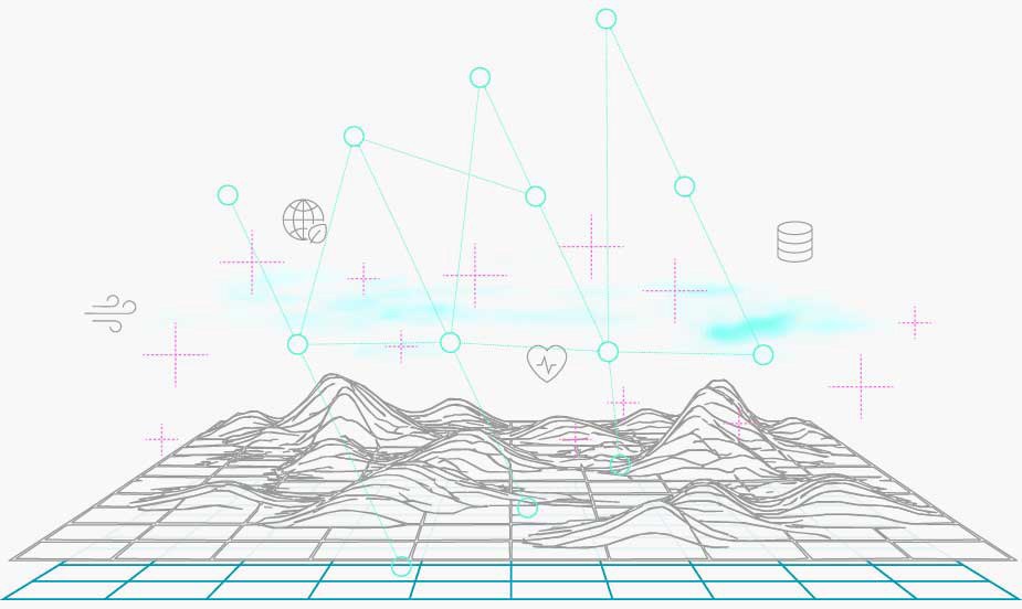 Diagram: scattered air, data and environment icons resolving onto a mapped terrain grid.